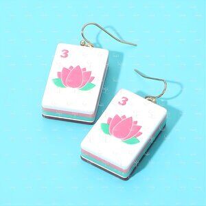 Title: Mahjong Lotus Tile Earrings Statement Acrylic Dangles